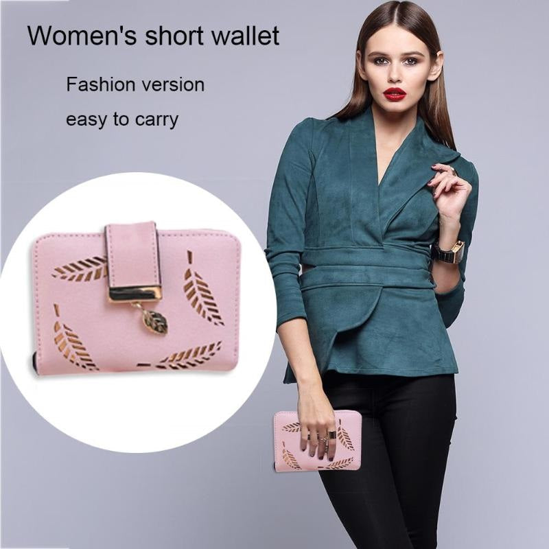 Leaf Hollow Out PU Leather Card Holder Short Wallet Mssza