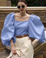 Loose Elegant Square Collar Puff Sleeve Shirts Casual Classic Shirt Solid Top Mssza