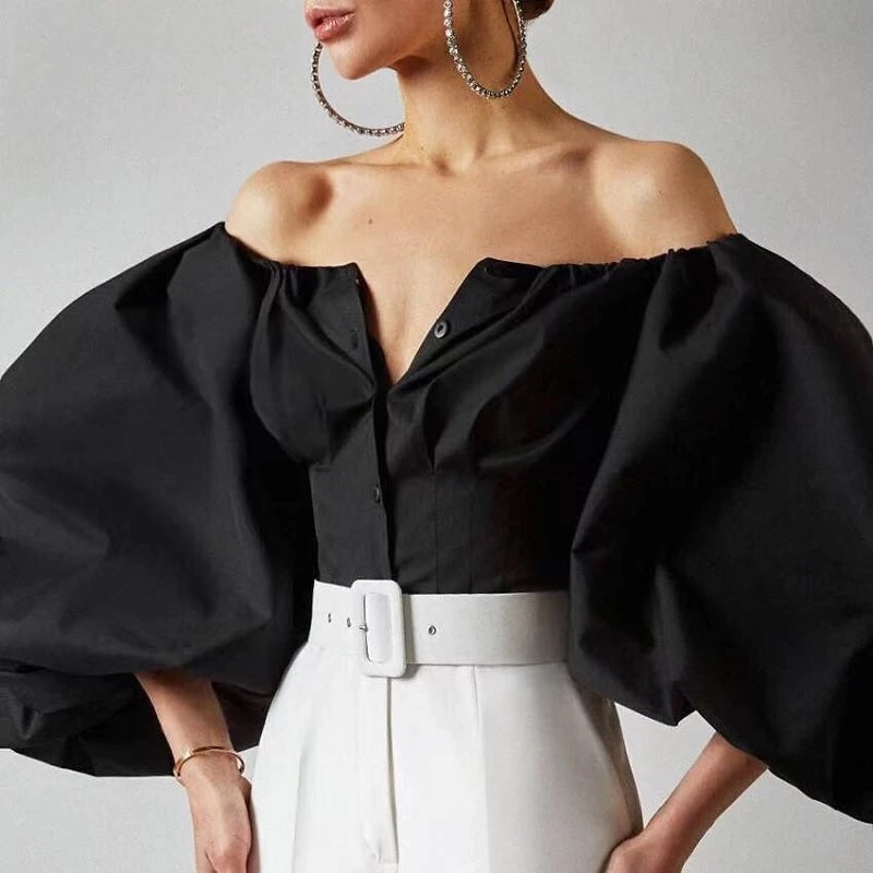 Off Shoulder Lantern Sleeve Elegant Blouses Mssza