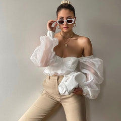 Off Shoulder Lace Ruffles Party Crop Tops Mssza
