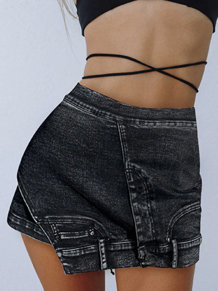 Personality Slim Irregular Patchwork Pockets Solid Color Denim Short Mssza
