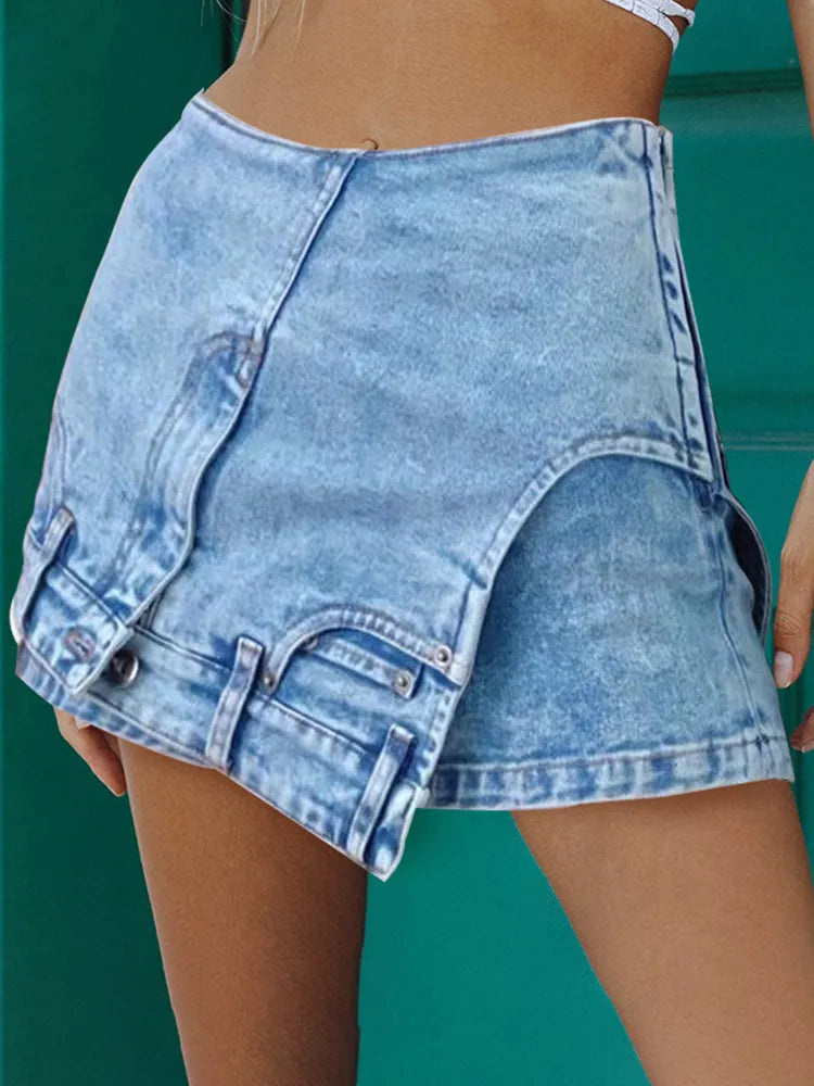 Personality Slim Irregular Patchwork Pockets Solid Color Denim Short Mssza
