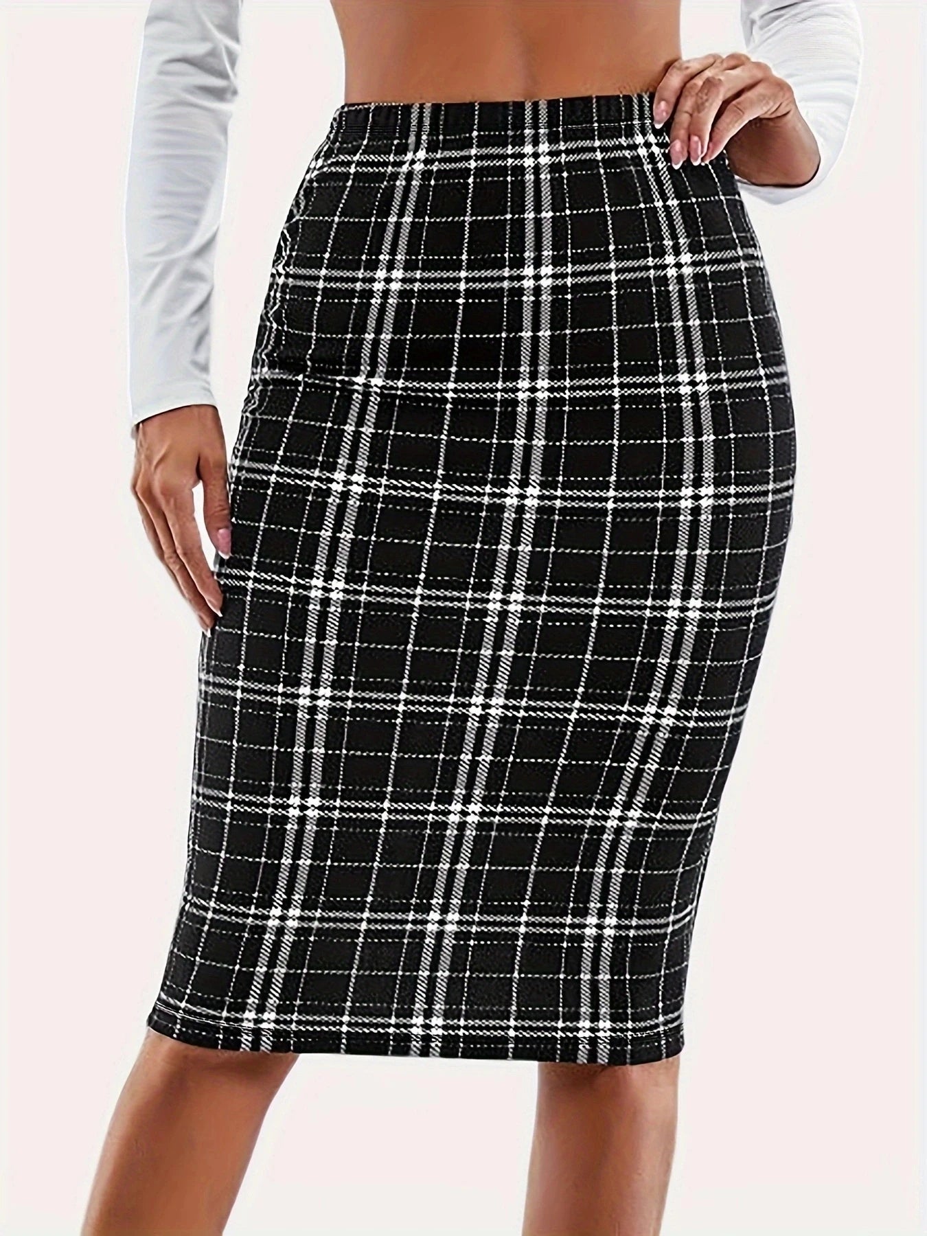 Plaid Printed Knee Length Skirts High Waist Back Zip Up Pencil Skirts Elegant Midi Skirts Mssza