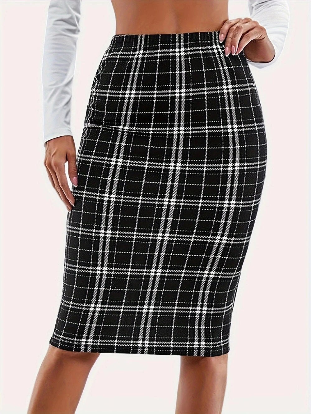 Plaid Printed Knee Length Skirts High Waist Back Zip Up Pencil Skirts Elegant Midi Skirts Mssza