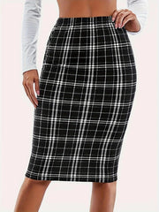 Plaid Printed Knee Length Skirts High Waist Back Zip Up Pencil Skirts Elegant Midi Skirts Mssza