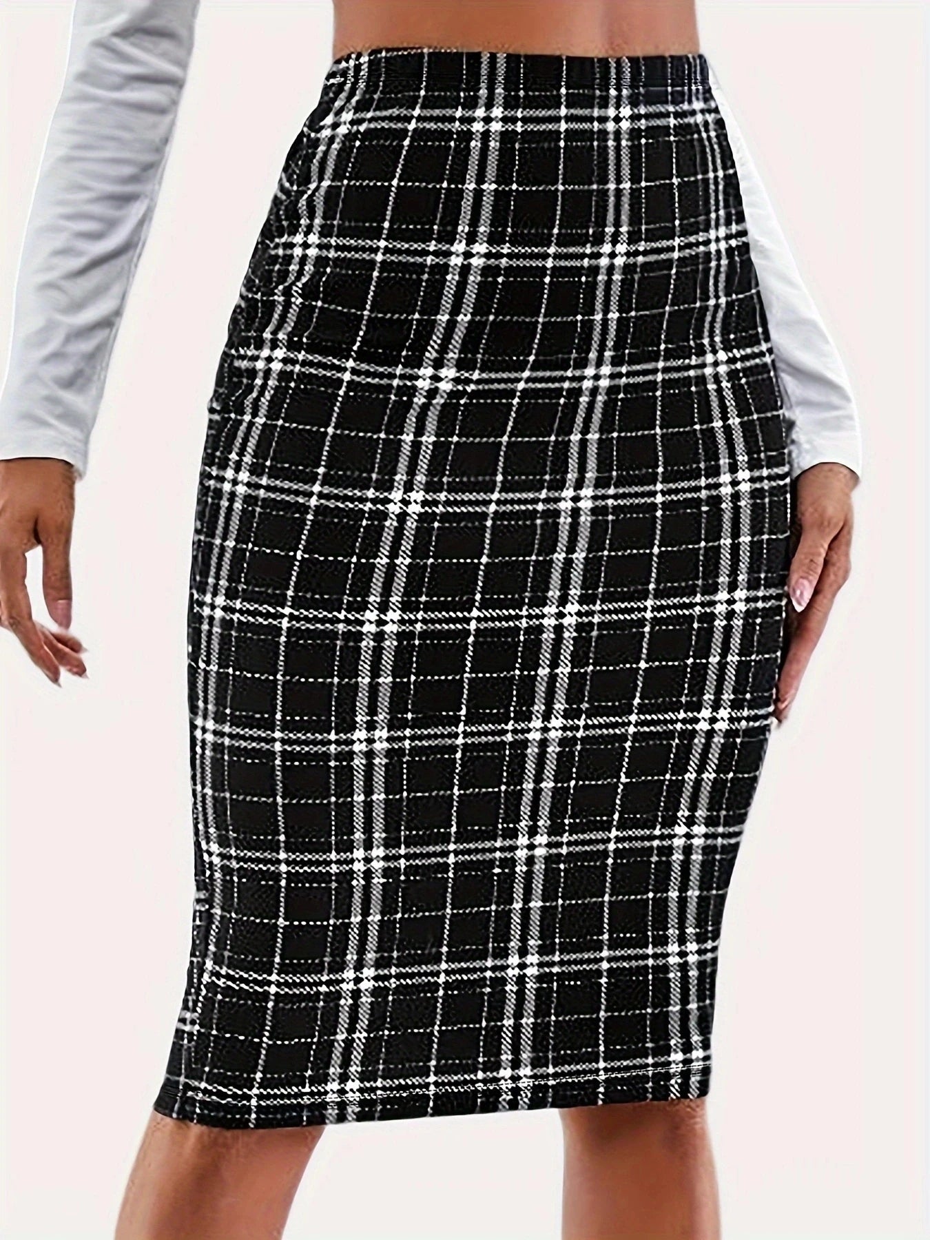 Plaid Printed Knee Length Skirts High Waist Back Zip Up Pencil Skirts Elegant Midi Skirts Mssza