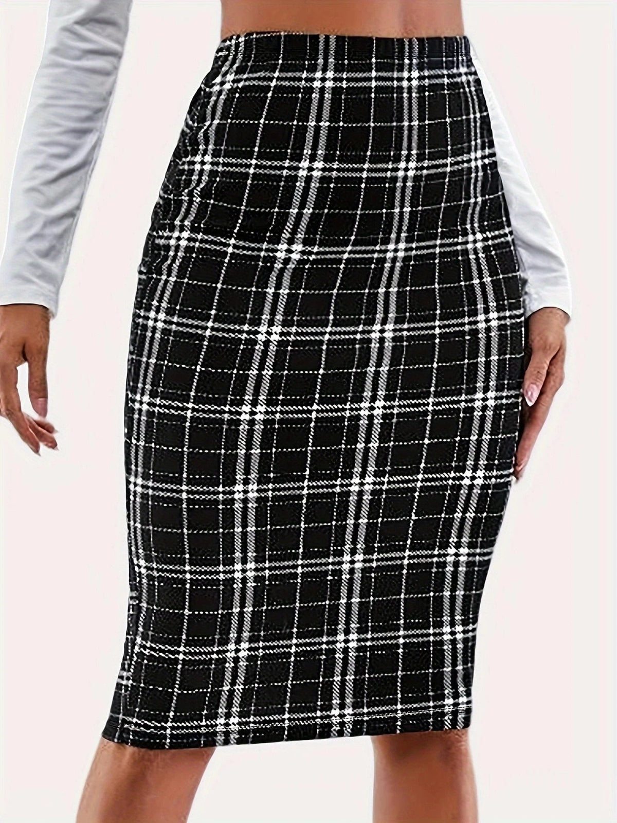 Plaid Printed Knee Length Skirts High Waist Back Zip Up Pencil Skirts Elegant Midi Skirts Mssza