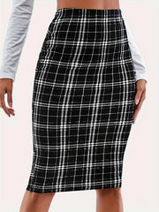 Plaid Printed Knee Length Skirts High Waist Back Zip Up Pencil Skirts Elegant Midi Skirts Mssza