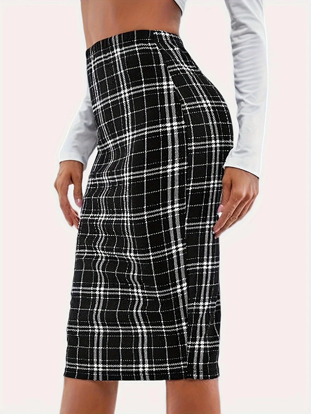 Plaid Printed Knee Length Skirts High Waist Back Zip Up Pencil Skirts Elegant Midi Skirts Mssza