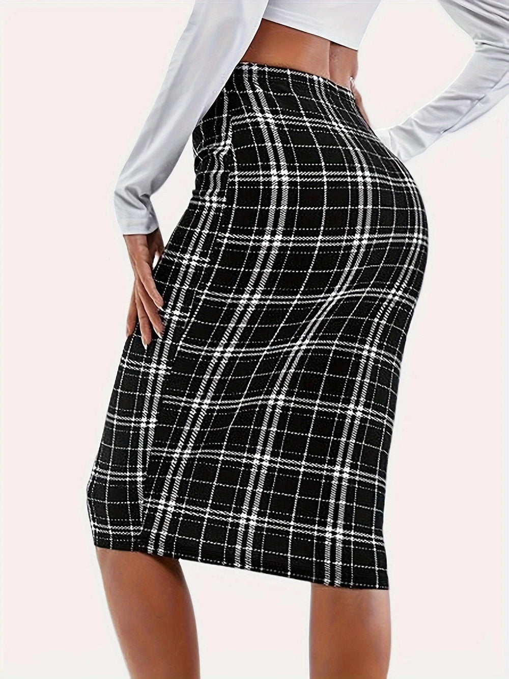 Plaid Printed Knee Length Skirts High Waist Back Zip Up Pencil Skirts Elegant Midi Skirts Mssza