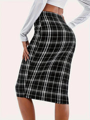 Plaid Printed Knee Length Skirts High Waist Back Zip Up Pencil Skirts Elegant Midi Skirts Mssza