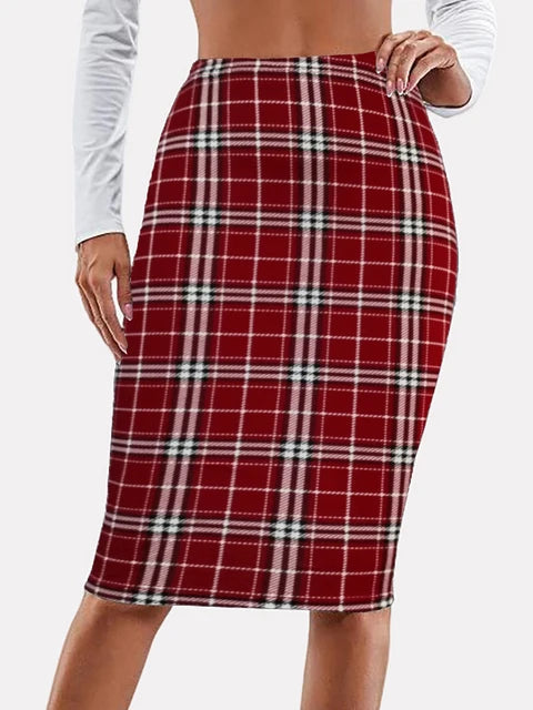 Plaid Printed Knee Length Skirts High Waist Back Zip Up Pencil Skirts Elegant Midi Skirts Mssza