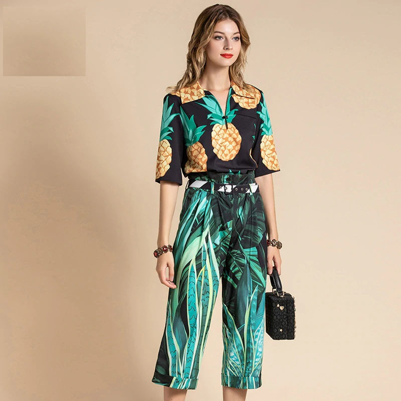 Print Top and Belted Pants Two Pieces Set Mssza