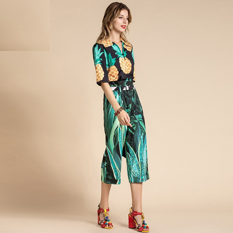Print Top and Belted Pants Two Pieces Set Mssza