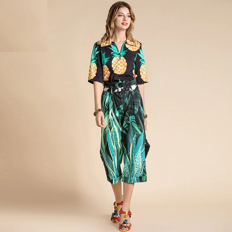 Print Top and Belted Pants Two Pieces Set Mssza