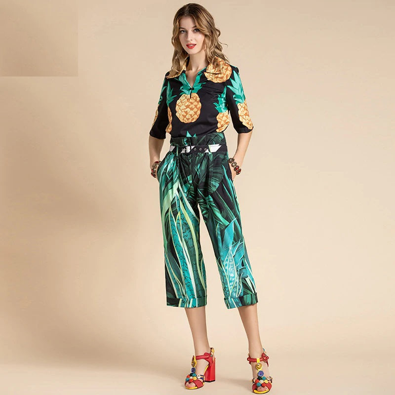 Print Top and Belted Pants Two Pieces Set Mssza
