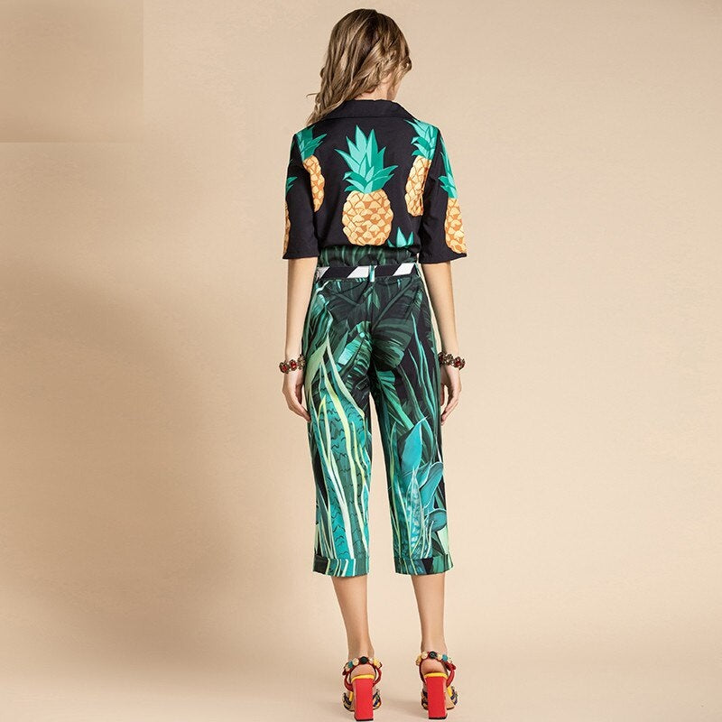 Print Top and Belted Pants Two Pieces Set Mssza