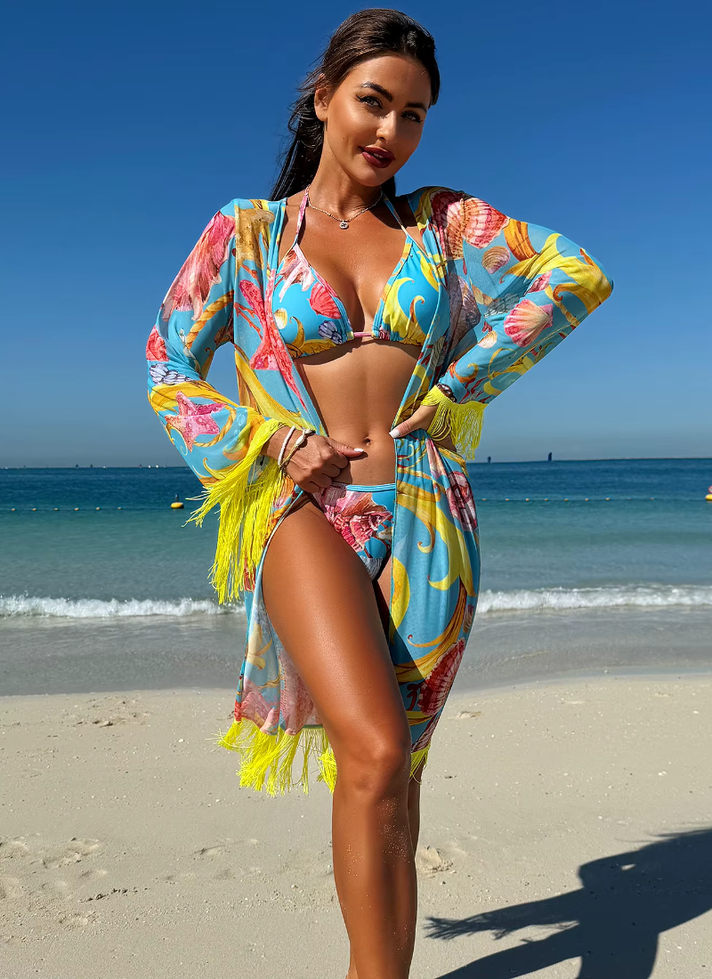 Printed Elegant Bikini Tassel Drape Beachwear Three Piece Set Mssza