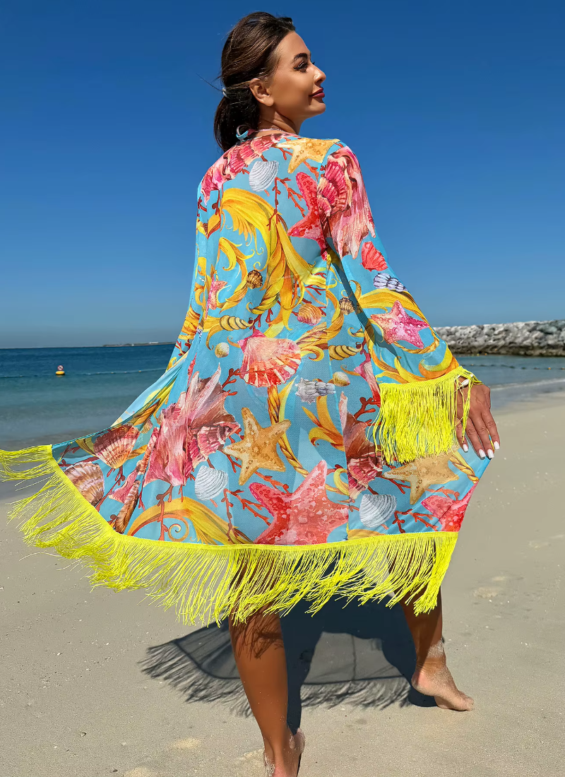 Printed Elegant Bikini Tassel Drape Beachwear Three Piece Set Mssza