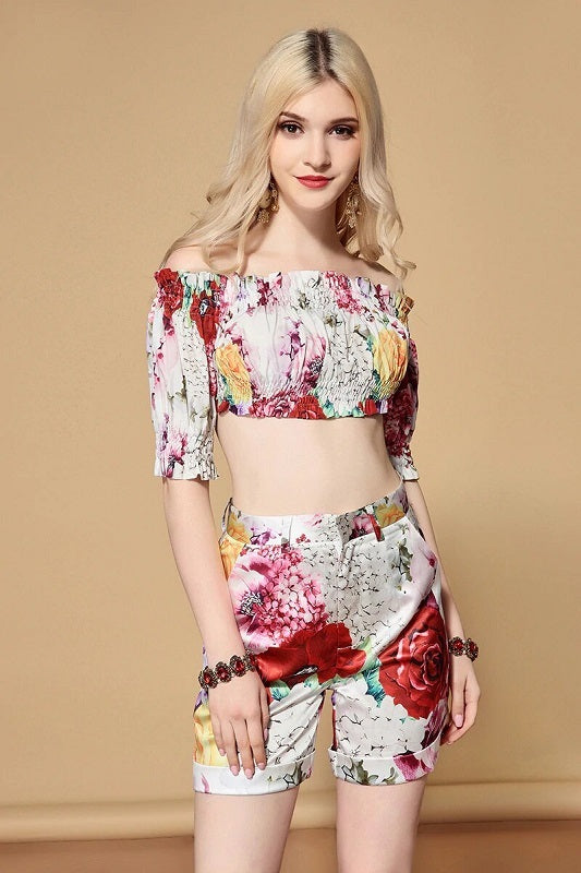 Runway Sets Slash neck Top + Boho Beach Holiday Shorts Set Mssza