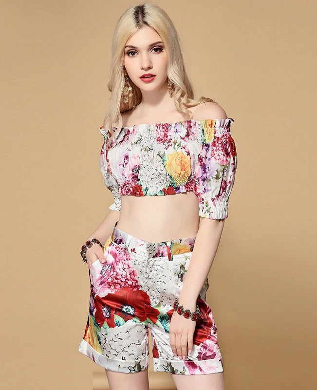 Runway Sets Slash neck Top + Boho Beach Holiday Shorts Set Mssza