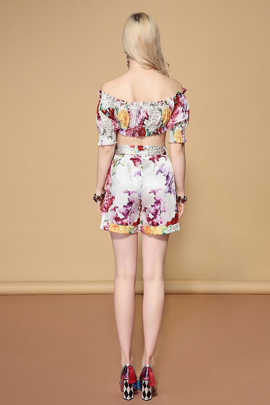 Runway Sets Slash neck Top + Boho Beach Holiday Shorts Set Mssza