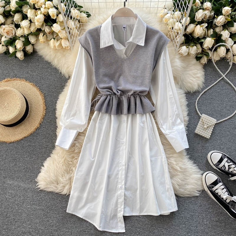Set Long Sleeve Turn-down Collar Knitting Vest Two Pieces Set Mssza