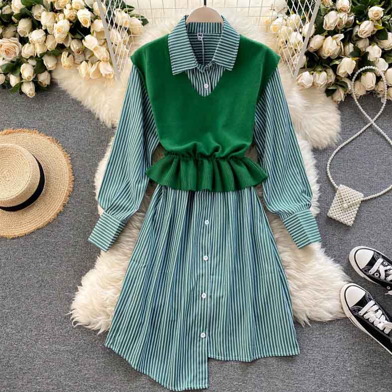 Set Long Sleeve Turn-down Collar Knitting Vest Two Pieces Set Mssza