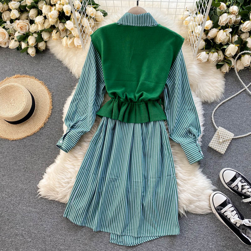 Set Long Sleeve Turn-down Collar Knitting Vest Two Pieces Set Mssza