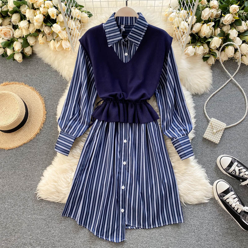 Set Long Sleeve Turn-down Collar Knitting Vest Two Pieces Set Mssza