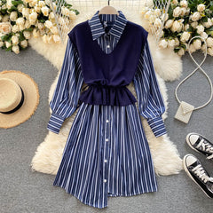Set Long Sleeve Turn-down Collar Knitting Vest Two Pieces Set Mssza