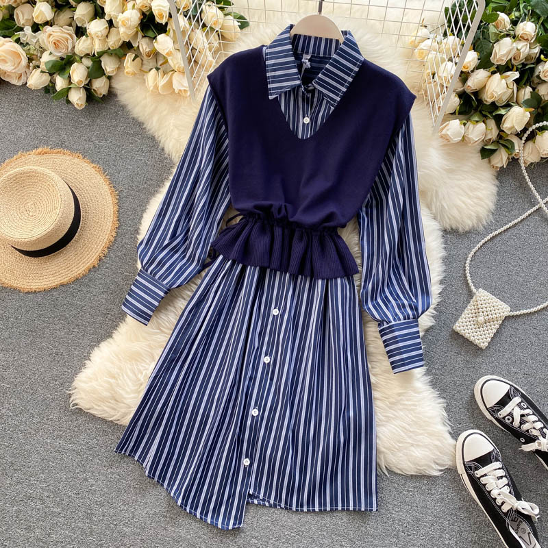 Set Long Sleeve Turn-down Collar Knitting Vest Two Pieces Set Mssza