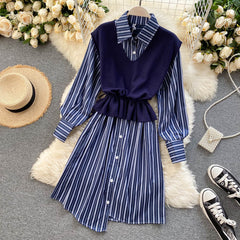Set Long Sleeve Turn-down Collar Knitting Vest Two Pieces Set Mssza