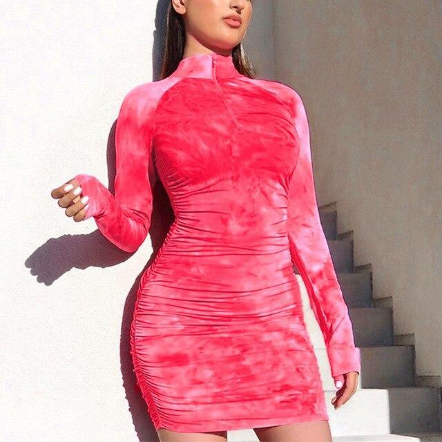 Long Sleeve Turtleneck Zipper Tie Dye Skinny Dress  Bodycon Dress  Dress Mssaz Desses