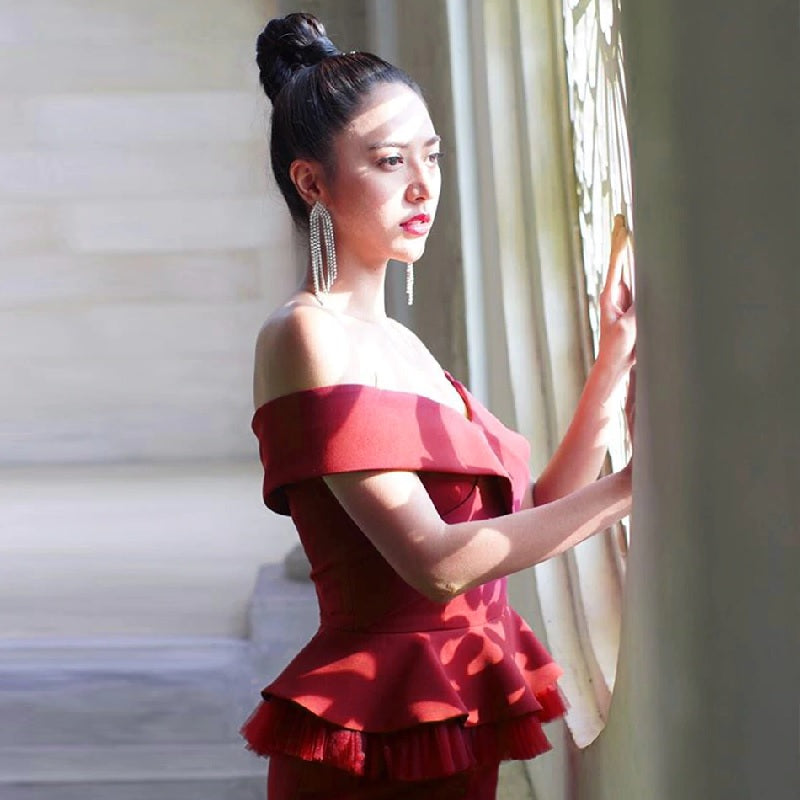 Off Shoulder Ruffles Tops +Sheath Skirt 2 Pieces Sets Mssza