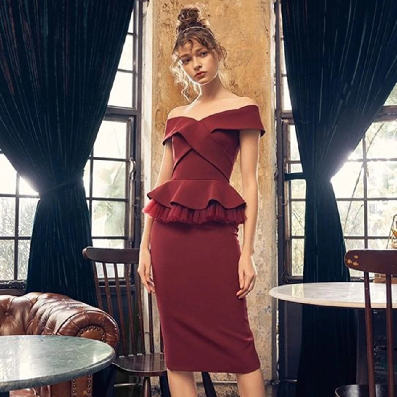 Off Shoulder Ruffles Tops +Sheath Skirt 2 Pieces Sets Mssza