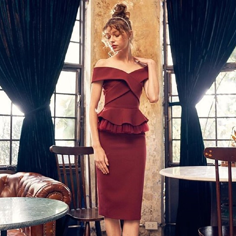Off Shoulder Ruffles Tops +Sheath Skirt 2 Pieces Sets Mssza