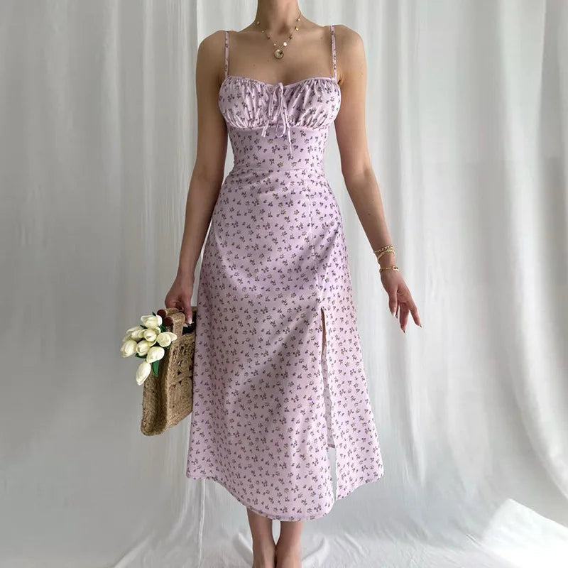 Split Bohemia Long   New Luxury Elegant V-neck Sleeveless Slip Flower Beach Sun Midi Dress Mssaz Desses