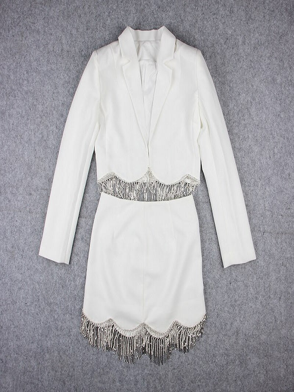 Shining Tassel Crop Jacket & Mini Skirt Two Pieces Set Mssza