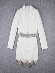 Shining Tassel Crop Jacket & Mini Skirt Two Pieces Set Mssza