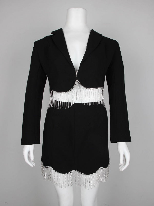 Shining Tassel Crop Jacket & Mini Skirt Two Pieces Set Mssza