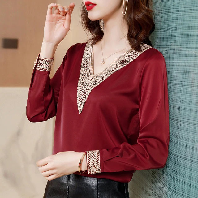 Silk Casual V-Neck Tops Mssza