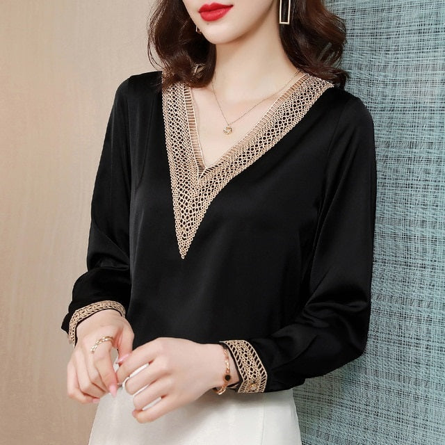 Silk Casual V-Neck Tops Mssza