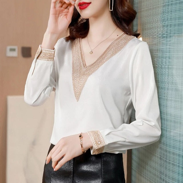 Silk Casual V-Neck Tops Mssza