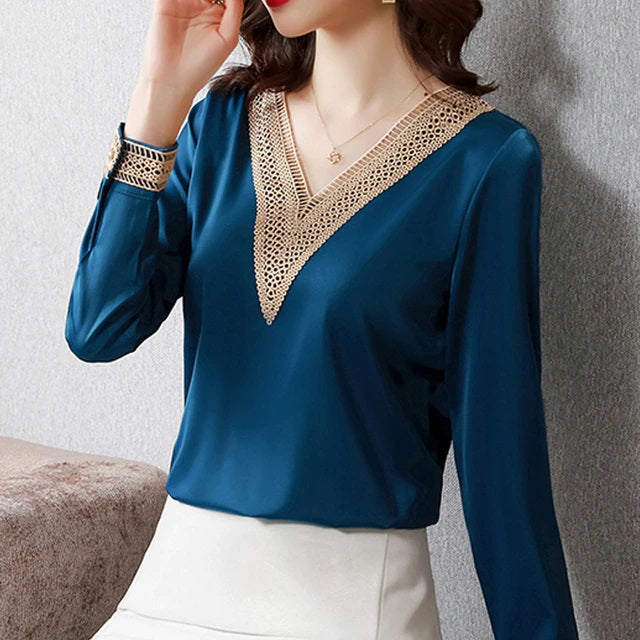 Silk Casual V-Neck Tops Mssza