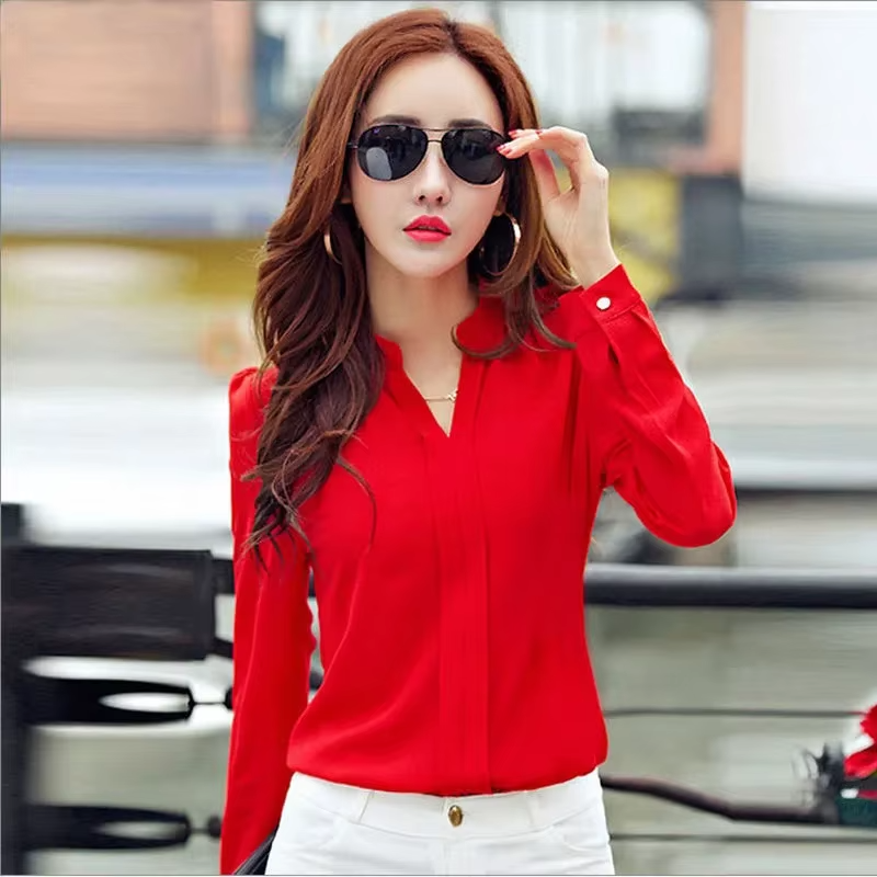 Slim Blouse Long Sleeve V Neck Elegant Ladies Office Shirts Mssza