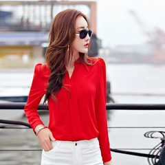Slim Blouse Long Sleeve V Neck Elegant Ladies Office Shirts Mssza