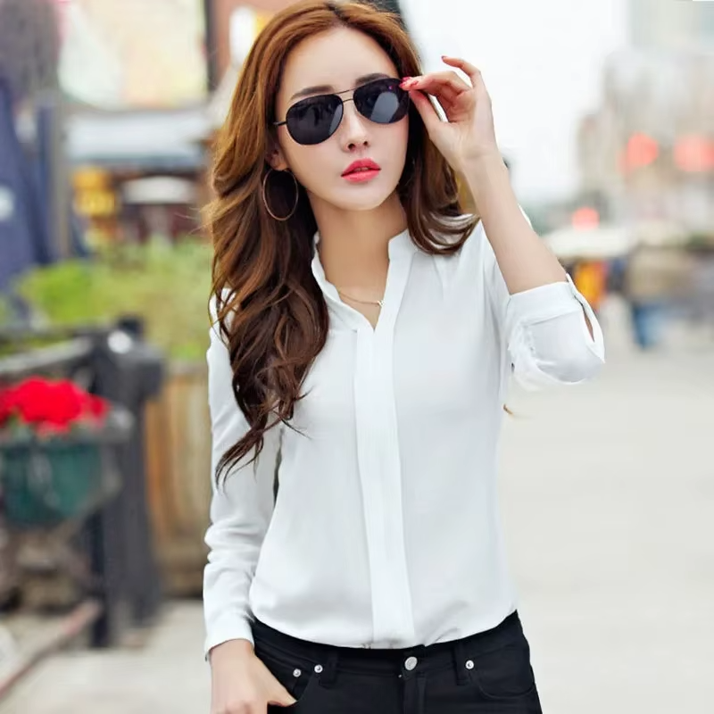 Slim Blouse Long Sleeve V Neck Elegant Ladies Office Shirts Mssza