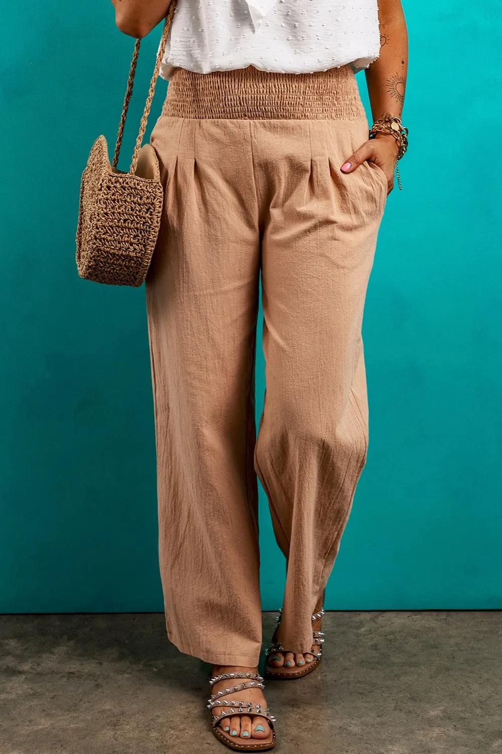 Street Wear Pant Smocked Elastic Waist Pants with Pockets Mssza