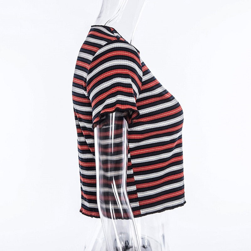 Striped O-Neck Short Sleeve Casual Streetwear Base T-Shirts Mssza